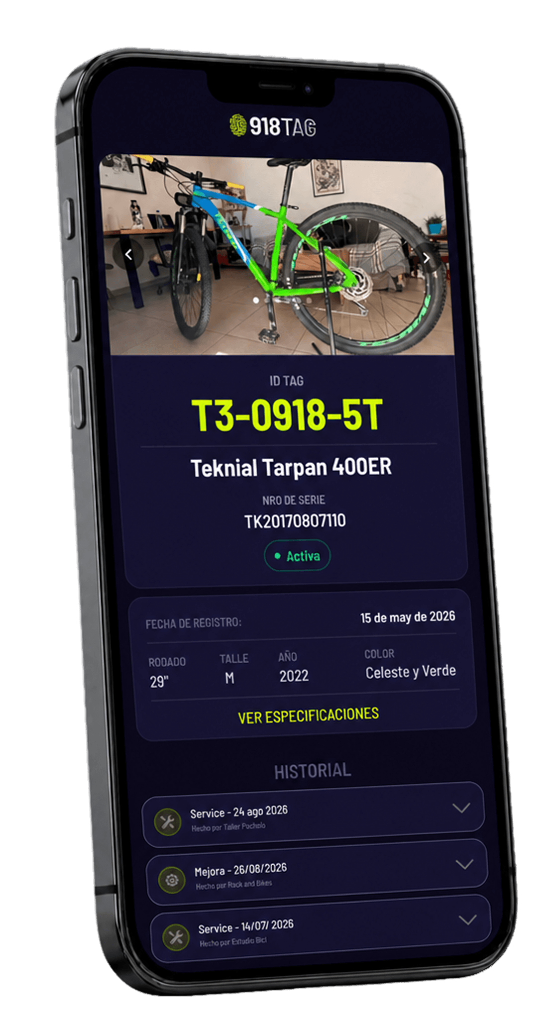 Página pública de una bici en 918TAG: ID Tag, identidad e historial de services y mejoras